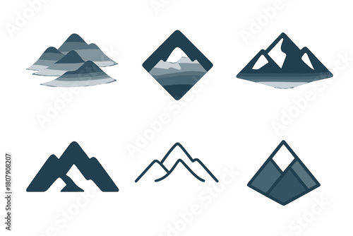 Mountain Logo Set. Distant Mountains. Icon set. Set Logo of Distant Mountains: Foggy mountain peaks. harmonious logo variations of the same emblematic concept,