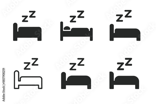 Sleep Logo Icons. Sleep-induced relaxation. Icon set. Set Logo of Sleep-induced relaxation: Z letters floating over bed. harmonious logo variations of the same
