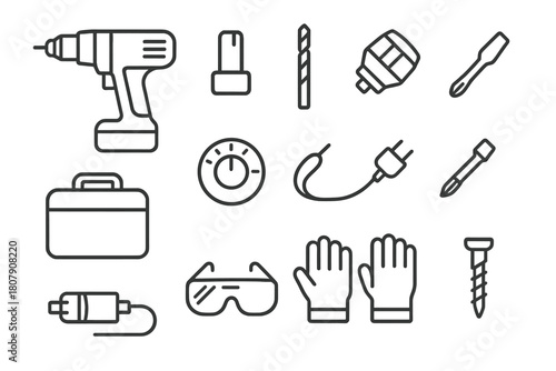 Electric Drill Icon Set. Electric drill. Line icon set of Electric drill: drill, battery pack, drill bit, chuck, trigger, torque adjustment, power cord,