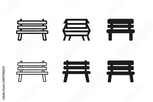 Empty Bench Icons. Empty bench. Icon set. Set Logo of empty bench: bench by lake. harmonious logo variations of the same emblematic concept, each