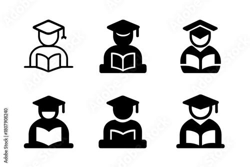 Thesis Icon Variations. Research students working on thesis projects. Icon set. Set Logo of Research students: Graduation cap. harmonious logo variations of