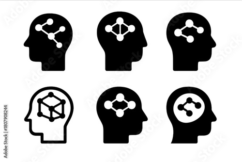Neuroscience Memory Logos. Neuroscience of memory retention. Icon set. Set Logo of neuroscience of memory retention: head profile with glowing nodes.