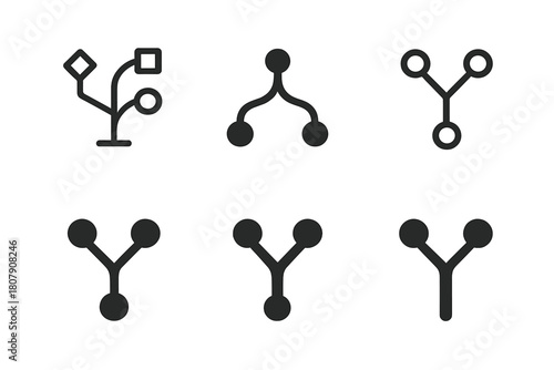Decision Tree Logos. Data-driven decisions. Icon set. Set Logo of decision tree: branching path diagram. harmonious logo variations of the same emblematic