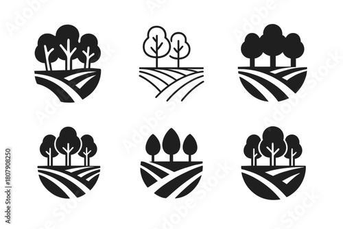 Agriculture Climate Logos. Agriculture and climate change. Icon set. Set Logo of agriculture and climate change: windbreak tree row shielding a
