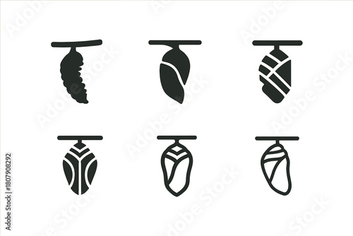 Caterpillar Life Logos. Life of a caterpillar. Icon set. Set Logo of Life of a caterpillar: cocoon formation. harmonious logo variations of the same emblematic