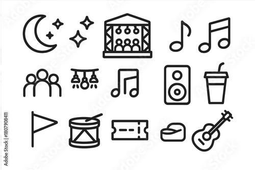 Night Festival Icons. Night Festival. Line icon set of Night Festival: moon, stars, stage, crowd, music note, lights, speaker, drink cup, flag, drum, ticket,