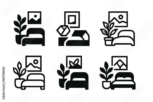 Stylish Bedroom Decor Logos. Upgrading your bedroom with stylish decor. Icon set. Set Logo of upgrading your bedroom with stylish decor: indoor plant