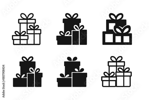 Stacked Gift Icons. Presents stacked up. Icon set. Set Logo of Presents stacked up: Gift bag. harmonious logo variations of the same emblematic concept