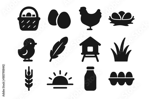 Egg Harvest Icons. Egg Harvest. Solid icon set of Egg Harvest: basket, eggs, hen, nest, chick, feathers, coop, grass, wheat stalk, sunrise, milk bottle,