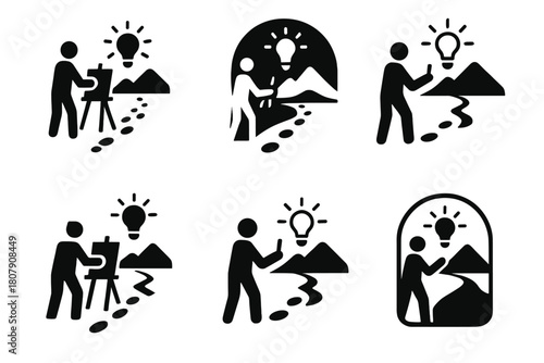 Artists' Inspirations Icons. Artists creating and being inspired by their surroundings. Icon set. Set Logo of Artists creating and being inspired by their