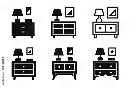 Stylish Bedroom Icons. Upgrading your bedroom with stylish decor. Icon set. Set Logo of upgrading your bedroom with stylish decor: minimalist nightstand.