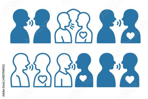 Compassionate Listening Icons. Compassionate Listening. Icon set. Set Logo of Compassionate Listening: Ear with Heart. harmonious logo variations of the same