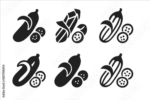Vegetable Peeling Logos. Peeling vegetables. Icon set. Set Logo of peeling vegetables: sliced cucumber and peel. harmonious logo variations of the same