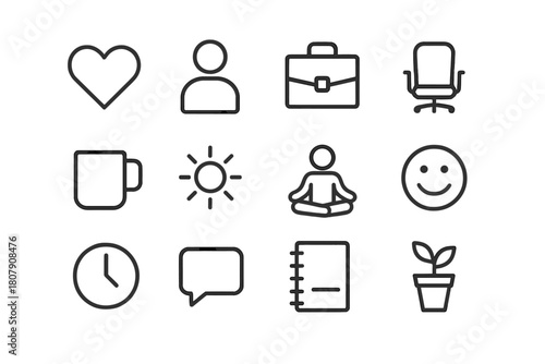 Employee Wellbeing Icons. Employee Wellbeing. Line icon set of Employee Wellbeing: heart, person, briefcase, chair, coffee mug, sun, yoga pose, smile, clock,