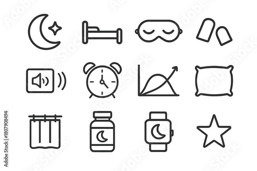 Sleep Icon Set. Sleep and Rest. Line icon set of Sleep and Rest: pillow, bed, sleeping face, moon, stars, eye mask, blanket, clock, night lamp, slippers, dream