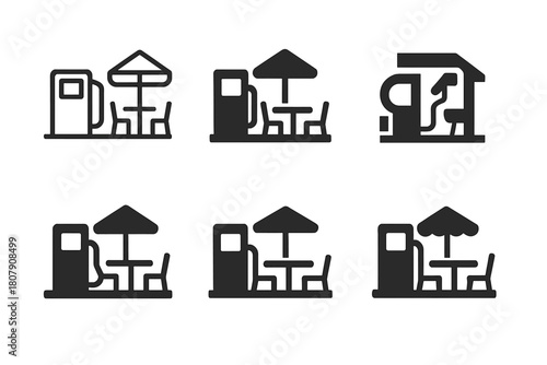 Rest Stop Icons. Rest stop amenities. Solid icon set of Rest stop amenities: restroom, coffee cup, picnic table, vending machine, map, road sign, car, truck,