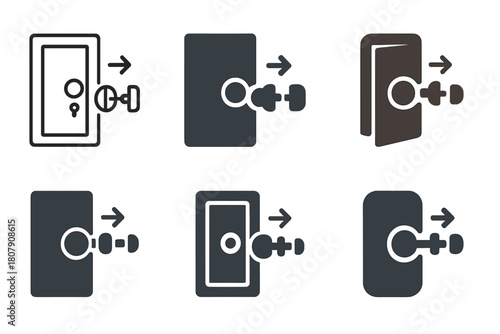 Door Hardware Icons. Replacing door hardware (knob or handle). Icon set. Set Logo of replacing door hardware (knob or handle): handle and key silhouette on