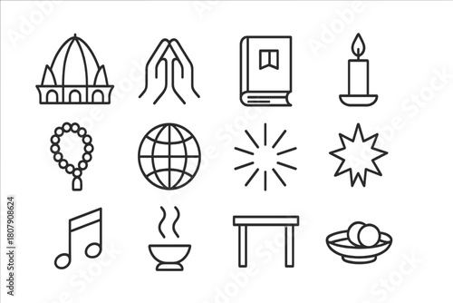 Baha'i Ritual Icons. Baha?i rituals. Line icon set of Baha?i rituals: temple, prayer, holy book, candle, prayer beads, globe, light rays, star