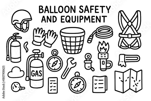 Balloon Safety Essentials. Balloon safety and equipment. Hand-drawn doodle illustration Balloon safety and equipment helmet, gloves, basket, rope, harness,