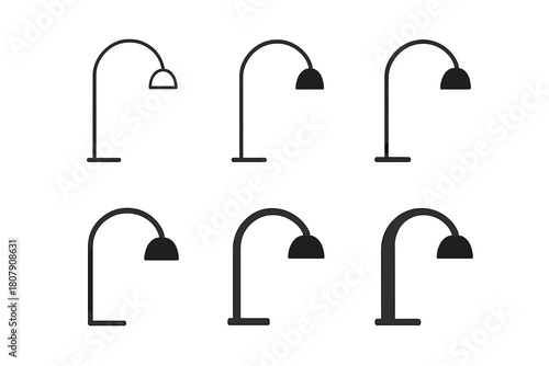 Floor Lamp Logos. Floor lamp. Icon set. Set Logo of Floor lamp: Arc lamp. harmonious logo variations of the same emblematic concept (Symmetrical form, Iconic
