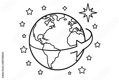 Earth's Rotation Coloring. Stars and Earth?s rotation children?s coloring book illustration, outlined drawing, a globe showing a curved arrow of rotation with