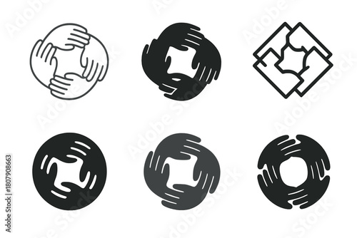 Community Unity Logos. Community unity. Icon set. Set Logo of Community Unity: interconnected hands forming a circle. harmonious logo variations of the same