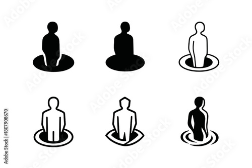 Vanishing Figures Logos. Figures vanishing into a void. Icon set. Set Logo of figures vanishing into a void: fading human line art entering a black hole.