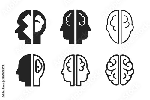 Mind Duality Logos. Duality of mind. Icon set. Set Logo of Duality of mind: Light and dark brain halves. harmonious logo variations of the same emblematic