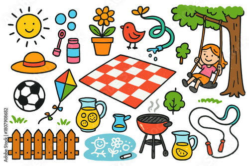 Backyard Playtime Fun. Backyard playtime. Colorful Hand-drawn doodle Children illustration Backyard playtime picnic blanket, soccer ball, bubbles wand, jump