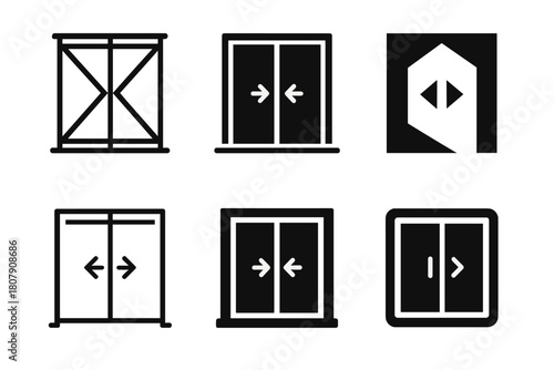 Sliding Doors Icons. Sliding doors. Icon set. Set Logo of sliding doors: balcony slider with sheer curtain. harmonious logo variations of the same emblematic