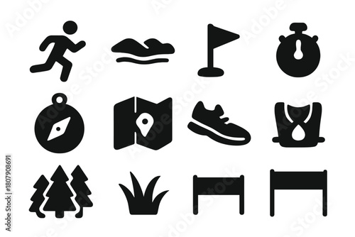 Cross-Country Icons Set. Cross-country running. Solid icon set of Cross-country running: runner, field, hills, flag, stopwatch, compass, map, shoes, hydration