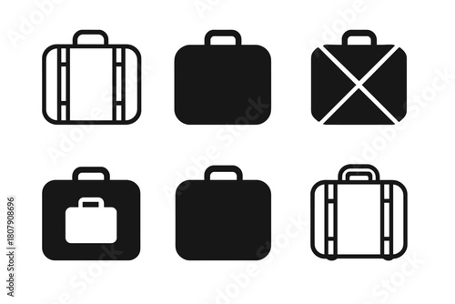 Vintage Suitcase Icons. Vintage travel. Icon set. Set Logo of Suitcase: Classic travel bag. Minimal outline, Filled silhouette, Abstract geometric, Negative