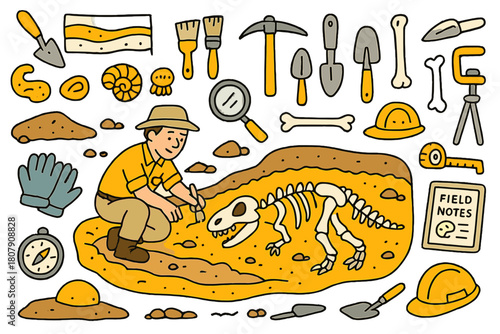 Dinosaur Dig Doodle. Dinosaur excavation. Hand-drawn doodle illustration paleontologist (colored), dinosaur skeleton (colored), fossils (colored), excavation