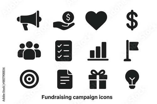 Fundraising Icons Set. Fundraising campaign. Solid icon set of fundraising campaign: megaphone, hand with coin, heart, dollar sign, people group, checklist,