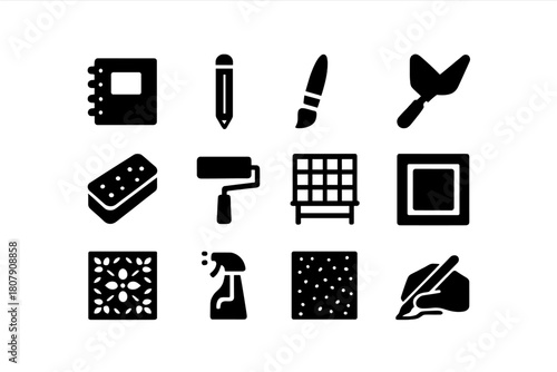 Art Process Icons. Art process. Solid icon set of Art process: sketchbook, pencil, paintbrush, layering tool, sponge, roller, drying rack, frame, pattern,