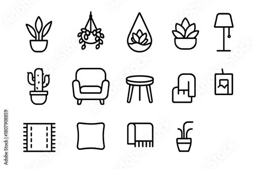 Indoor Plant Icons. Indoor plant corner. Line icon set of indoor plant corner: potted plant, hanging plant, terrarium, succulent, cactus, armchair, small
