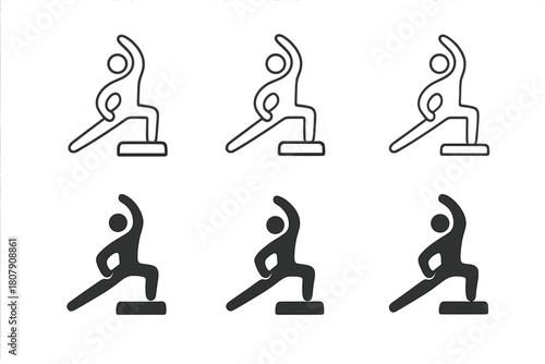 Step Aerobics Logos. Step aerobics. Icon set. Set Logo of Step aerobics: Group class. harmonious logo variations of the same emblematic concept (Symmetrical