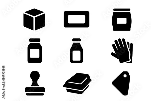 Food Packaging Icons. Food packaging. Solid icon set of food packaging: box, label, barcode, sealed bag, jar, bottle, tin can, gloves, stamp, container, paper