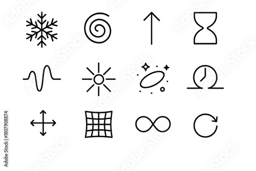 Future Universe Icons. Future universe scenarios. Line icon set of future universe scenarios: big freeze snowflake, big crunch spiral, big rip arrow, entropy