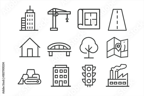 City Expansion Icons. City expansion. Line icon set of City expansion: skyscraper, construction crane, blueprint, road, house, bridge, tree, city