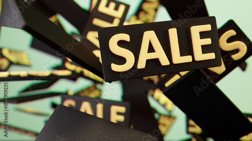 Sales Frenzy: Floating Sale Signs Create a Dynamic, Busy Retail Scene with Excitement and Energy