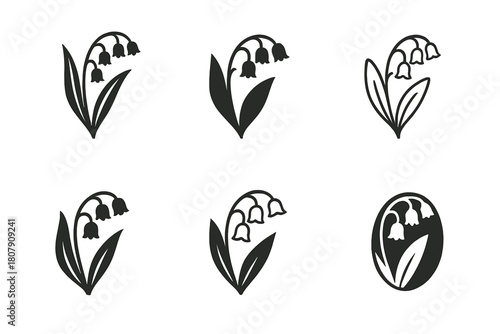 Lily of the Valley Logos. Lily of the Valley. Icon set. Set Logo of Lily of the Valley: delicate flower stem with bells. harmonious logo variations of the same