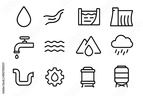 Water Resource Icons. Water resources. Line icon set of water resources: droplet, river, reservoir, dam, faucet, waves, mountain, cloud, rain, pipe, gear,