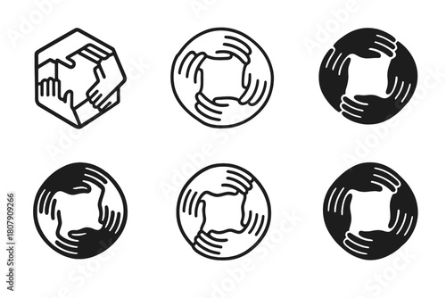 Collective Hands Logo Set. Collectivist. Icon set. Set Logo of collectivist: hands forming a continuous circular pattern. harmonious logo variations of the