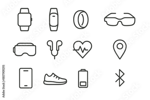 Wearable Technology Icons. Wearable technology. Line icon set of wearable technology: smartwatch, fitness tracker, smart ring, AR glasses, VR
