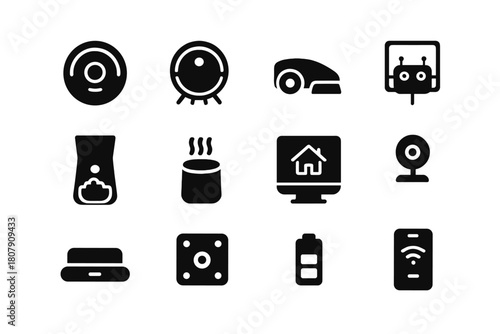 Household Robots Icons. Household Robots. Solid icon set of Household Robots: vacuum robot, mop robot, lawn robot, window cleaner, pet feeder, voice assistant,