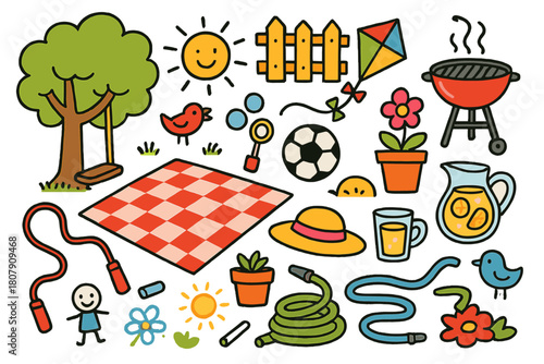 Backyard Playtime Fun. Backyard playtime. Colorful Hand-drawn doodle Children illustration Backyard playtime picnic blanket, soccer ball, bubbles wand, jump