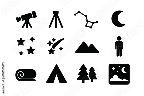 Stargazing Night Icons. Stargazing night. Solid icon set of Stargazing night: telescope, tripod, Big Dipper, moon, stars, shooting star, mountain silhouette,