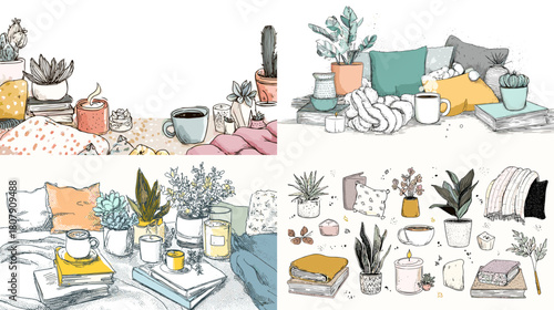 Cozy home scene with potted plants, books, pillows, candles, and warm decorative elements. Soft hand drawn illustration ideal for lifestyle themes, interior decor, and relaxing visuals.