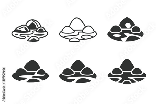 Rocky Shore Icons. Rocky shore. Icon set. Set Logo of rocky shore: serene rocky coastline. harmonious logo variations of the same emblematic concept, each with